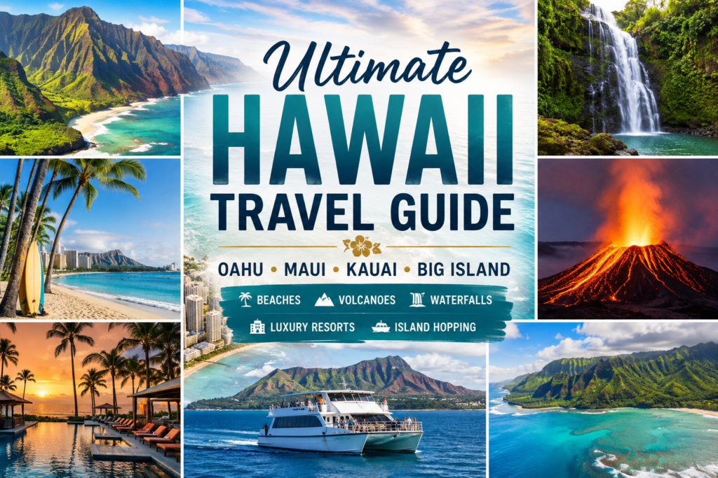 Premium Hawaii travel guide collage with Oahu Maui Kauai Big Island beaches volcanoes waterfalls luxury resorts and island hopping