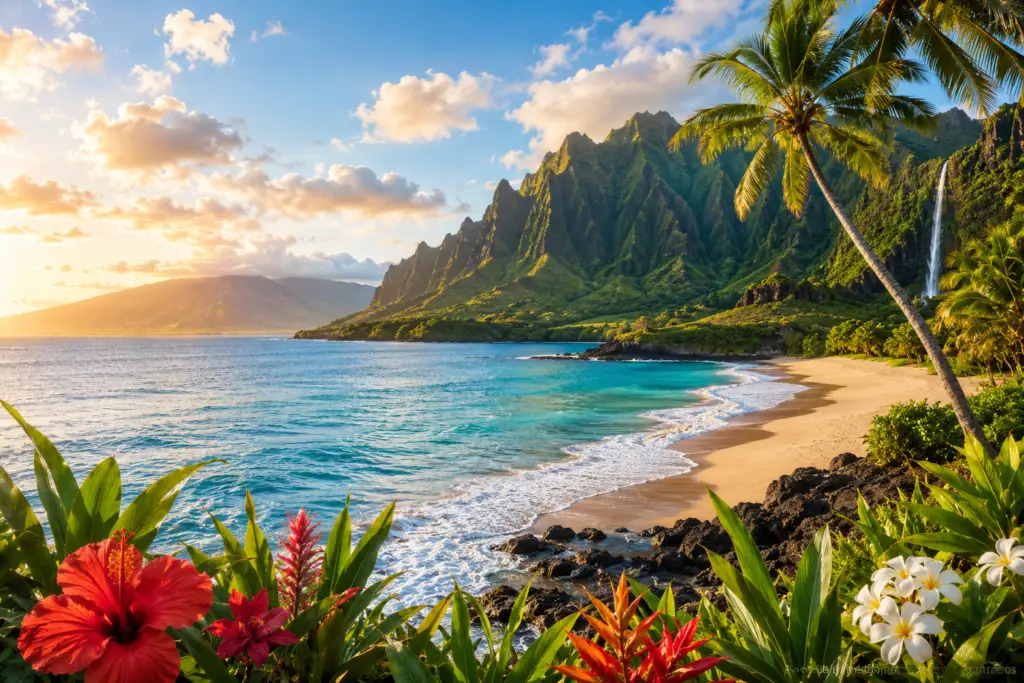 Hawaii coastline with turquoise water volcanic mountains lush cliffs waterfalls and tropical beaches for an Ultimate Hawaii travel guide