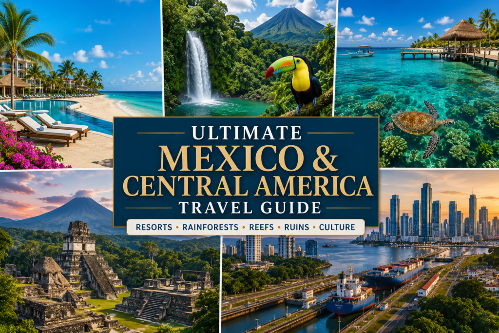 Travel collage showing Mexico beach resort Costa Rica rainforest Belize reef Guatemala ruins and Panama city for an ultimate Mexico and Central America travel guide