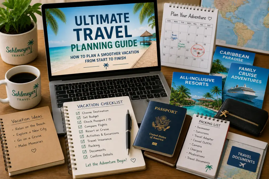 Organized vacation planning desk with laptop calendar passport checklist cruise resort brochures packing notes and travel documents for an ultimate travel planning guide