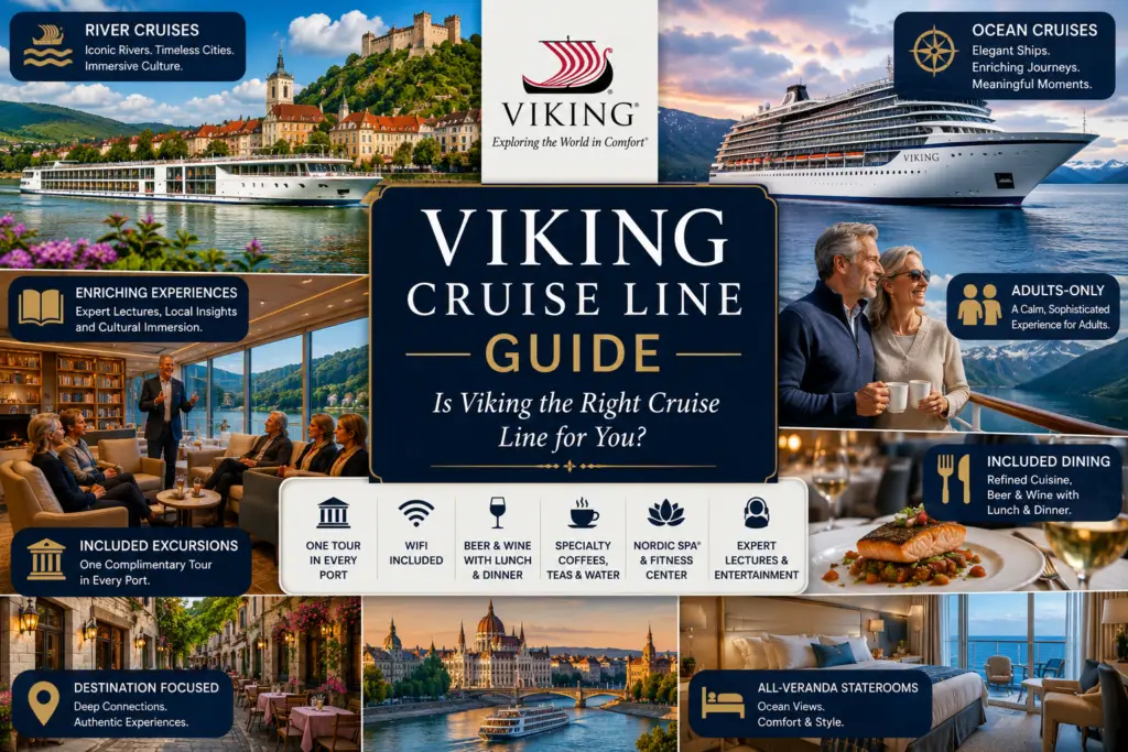 Premium Viking cruise line guide collage with river ship European villages ocean cruise ship Nordic design included excursions culture dining adults only and destination travel