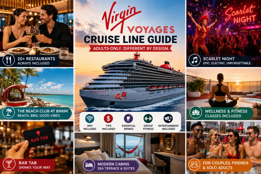 Premium Virgin Voyages cruise line guide collage with adults-only ship dining nightlife Scarlet Night Bimini wellness Bar Tab couples friends and modern cruise style