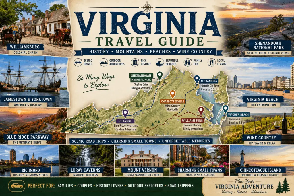 Premium Virginia travel guide collage with state map pins for Williamsburg Shenandoah National Park Virginia Beach Charlottesville Alexandria Roanoke Blue Ridge Parkway Jamestown Yorktown wine country history beaches and scenic road trips