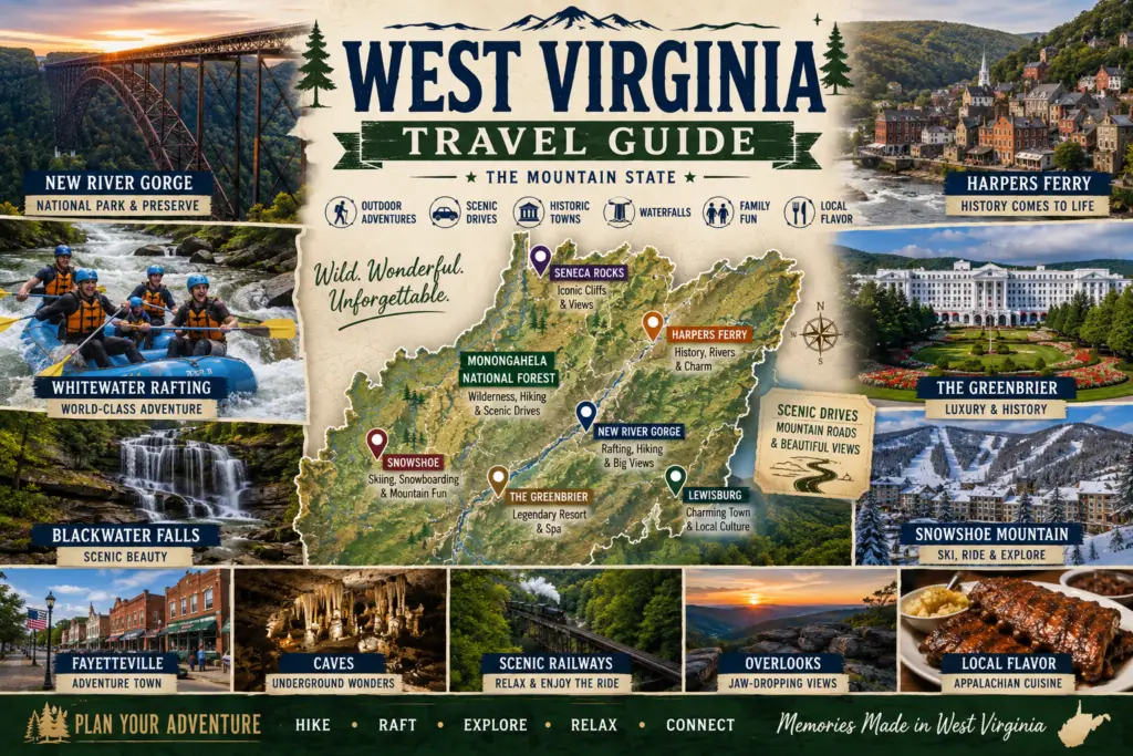 Premium West Virginia travel guide collage with rugged state map pins for New River Gorge Harpers Ferry Monongahela National Forest The Greenbrier Snowshoe Seneca Rocks Blackwater Falls rafting mountains waterfalls scenic drives Appalachian towns and outdoor adventure