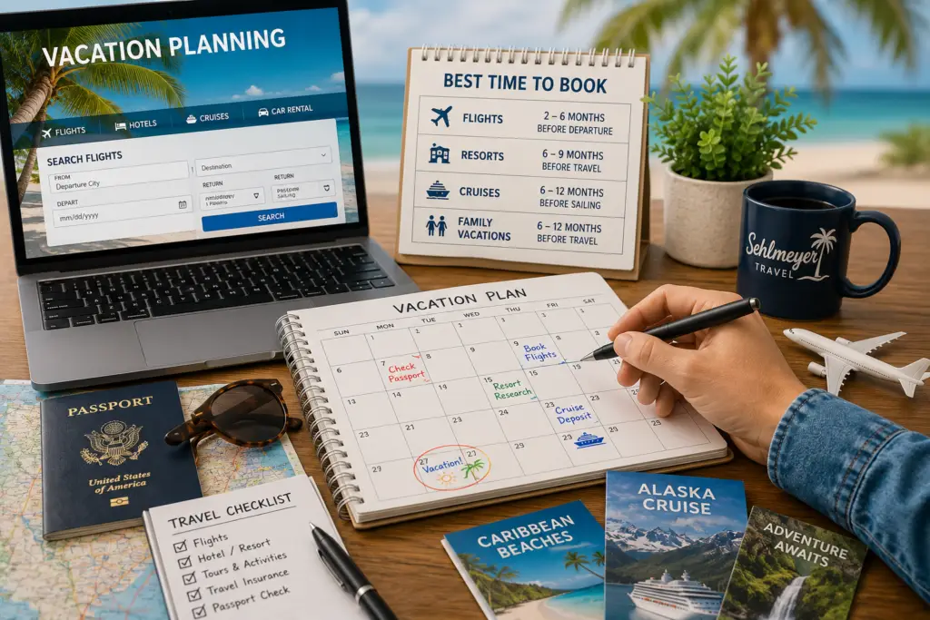 Traveler planning vacation timing with calendar laptop passport cruise resort and flight details