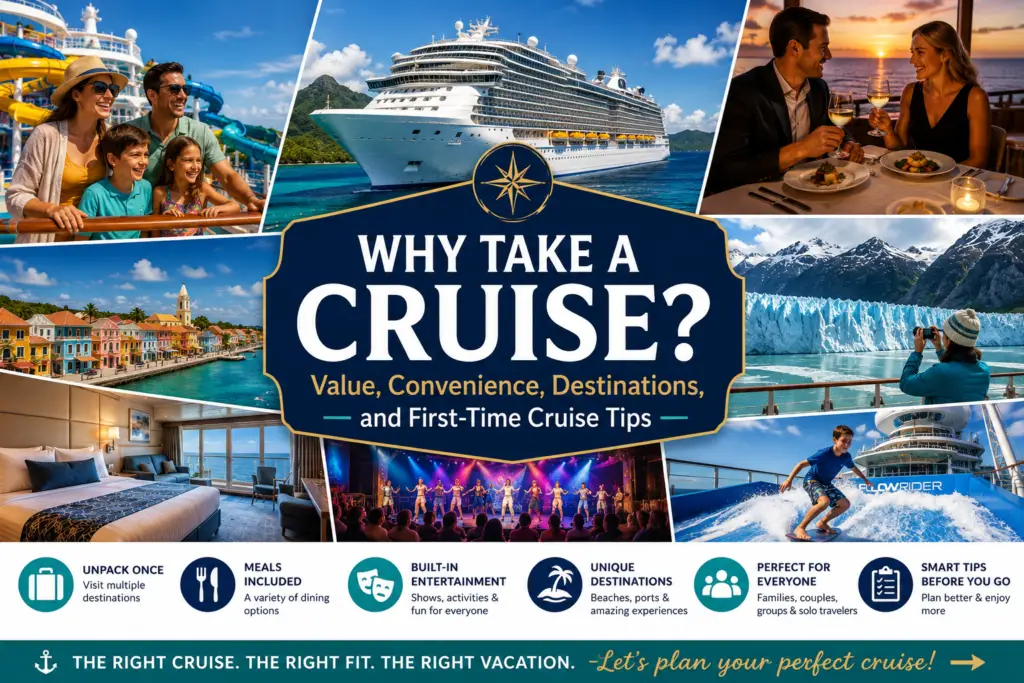 Premium cruise vacation collage with cruise ship family couple dining entertainment Caribbean ports Alaska scenery cabin and first-time cruiser tips