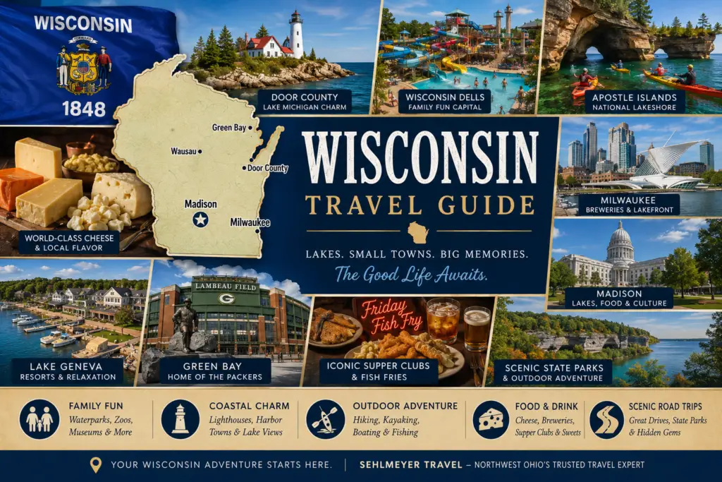 Premium Wisconsin travel guide collage with state map flag Door County Wisconsin Dells Apostle Islands Milwaukee Madison Lake Geneva Green Bay cheese lighthouses lakes and Midwest road trips