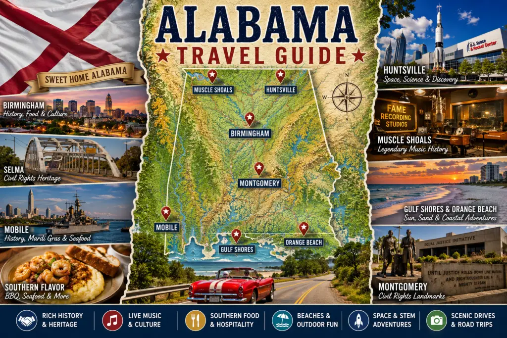 Premium Alabama travel guide collage with topographical Alabama map state flag pins for Birmingham Montgomery Mobile Huntsville Gulf Shores Orange Beach Muscle Shoals Civil Rights landmarks beaches food space and road trip scenes