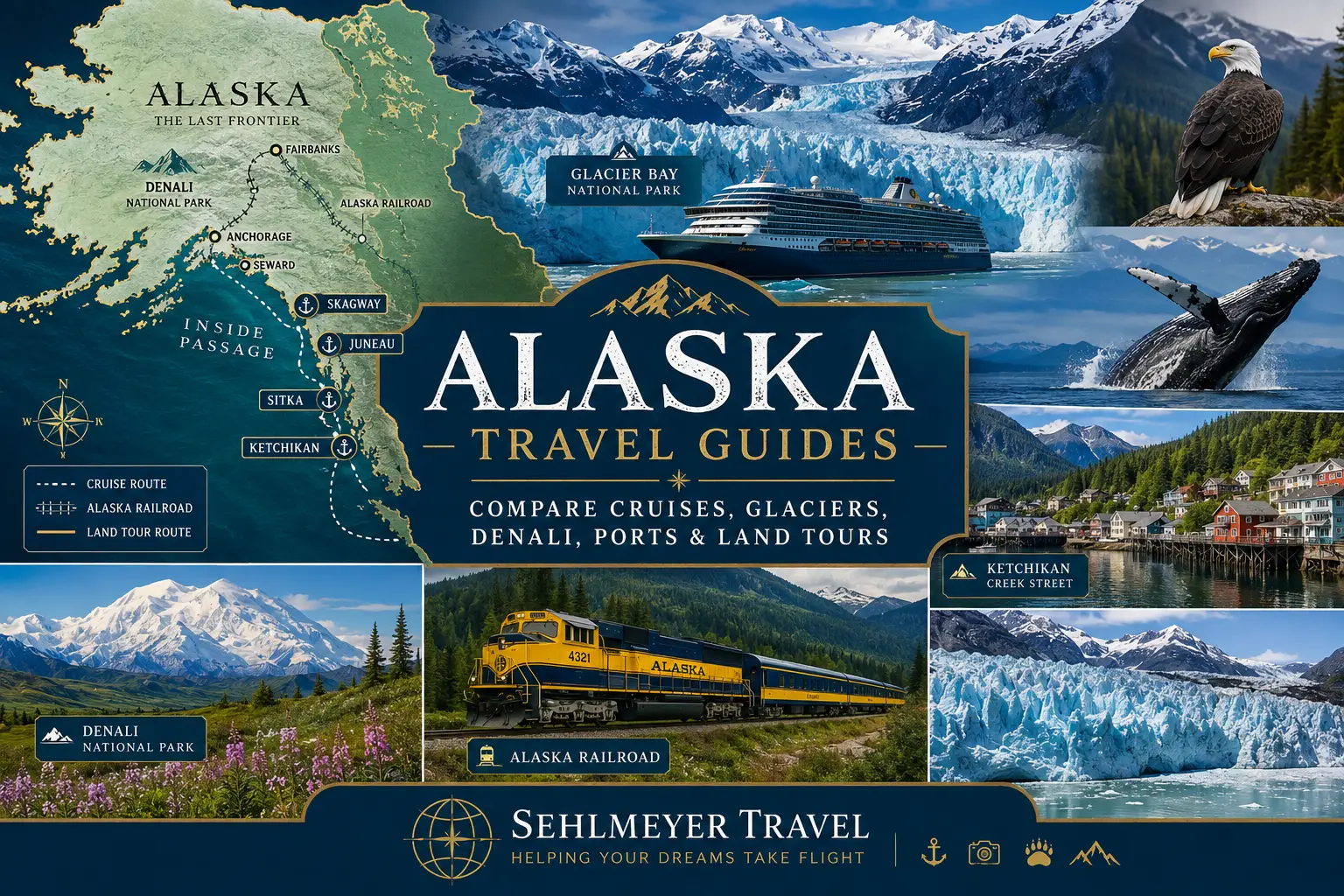 Alaska travel planning collage with map, cruise ship, Glacier Bay, Denali, Alaska Railroad, wildlife and scenic cruise ports