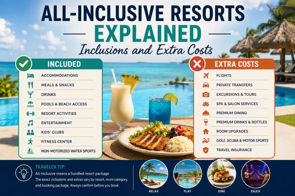 All-inclusive resort vacation guide separating included meals, drinks, pools, and entertainment from extra costs such as excursions, spa treatments, upgrades, and private transfers