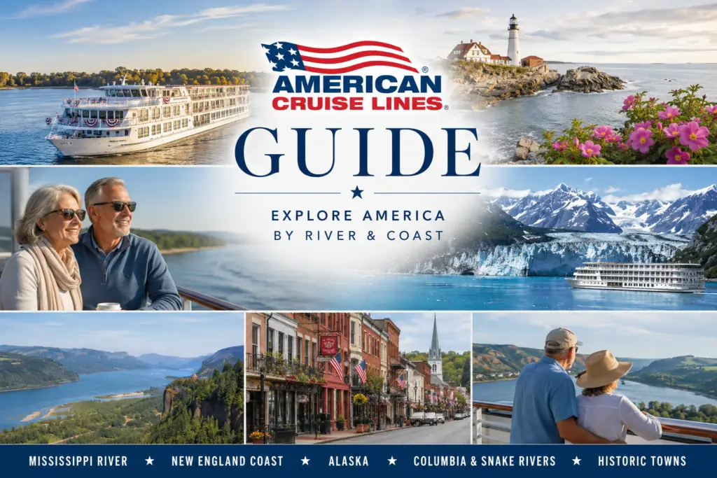 Premium American Cruise Lines guide collage with small U.S. river cruise ship, Mississippi River, New England coast, Alaska scenery, Columbia River, historic towns, and mature travelers