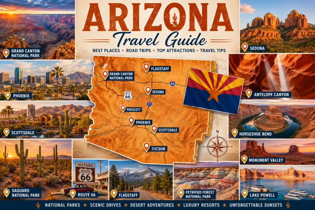 Premium Arizona travel guide collage with green topographical Arizona map destination pins Grand Canyon Sedona Scottsdale Phoenix Tucson Antelope Canyon Horseshoe Bend Monument Valley Flagstaff Route 66 Saguaro National Park and state flag
