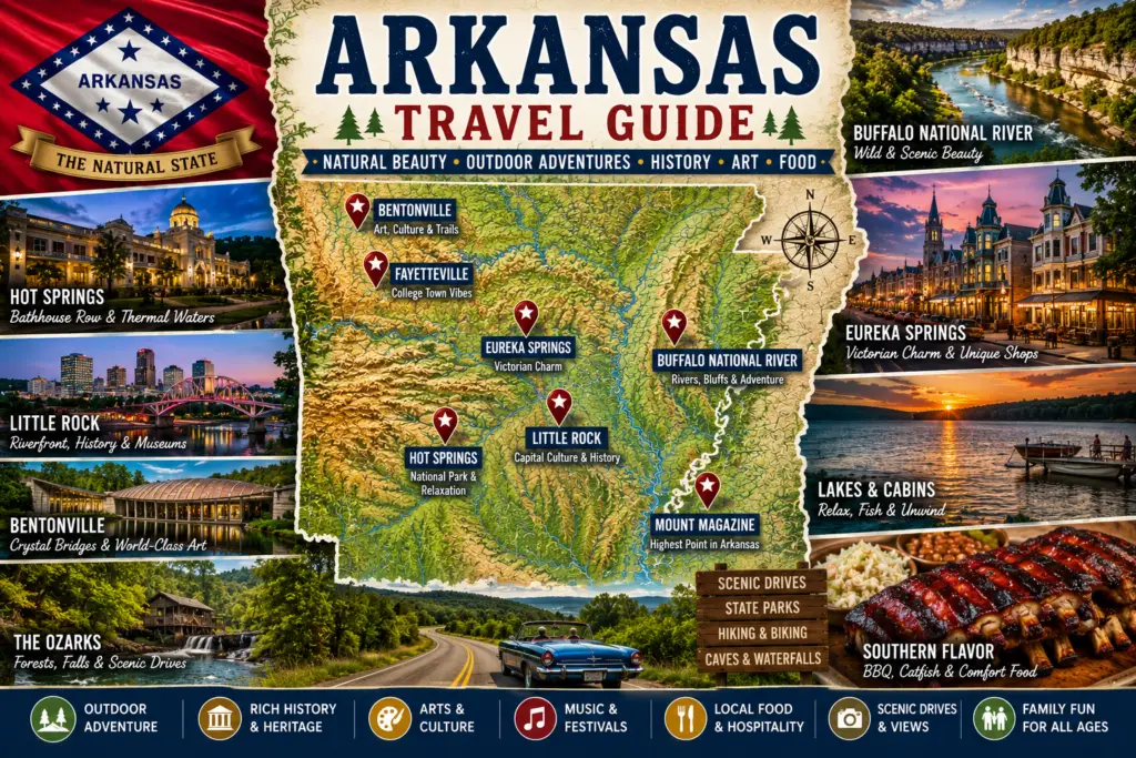 Premium Arkansas travel guide collage with topographical Arkansas map state flag pins for Hot Springs Little Rock Bentonville Fayetteville Eureka Springs Buffalo National River Ozarks Mount Magazine lakes cabins food and scenic road trip scenes