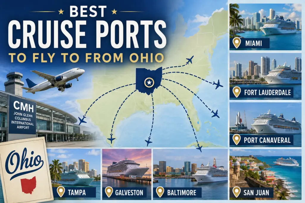 Premium Ohio cruise logistics collage with Ohio airport map flight routes to Miami Fort Lauderdale Port Canaveral Tampa Galveston Baltimore San Juan Seattle and Los Angeles cruise ports