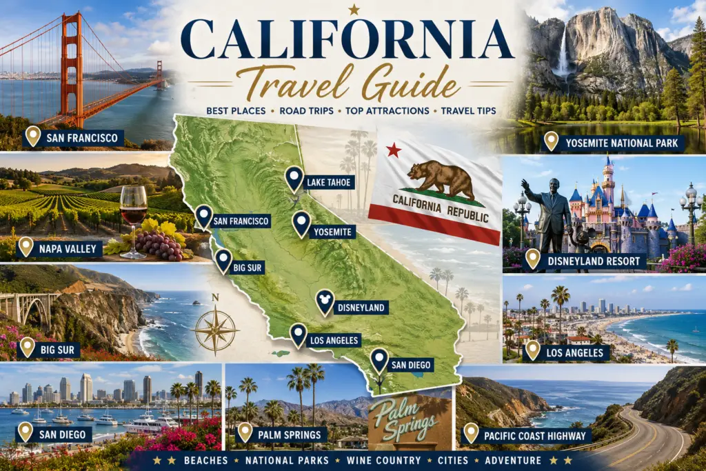 Premium California travel guide collage with green topographical California map destination pins Los Angeles San Diego San Francisco Yosemite Napa Big Sur Disneyland Lake Tahoe beaches and state flag