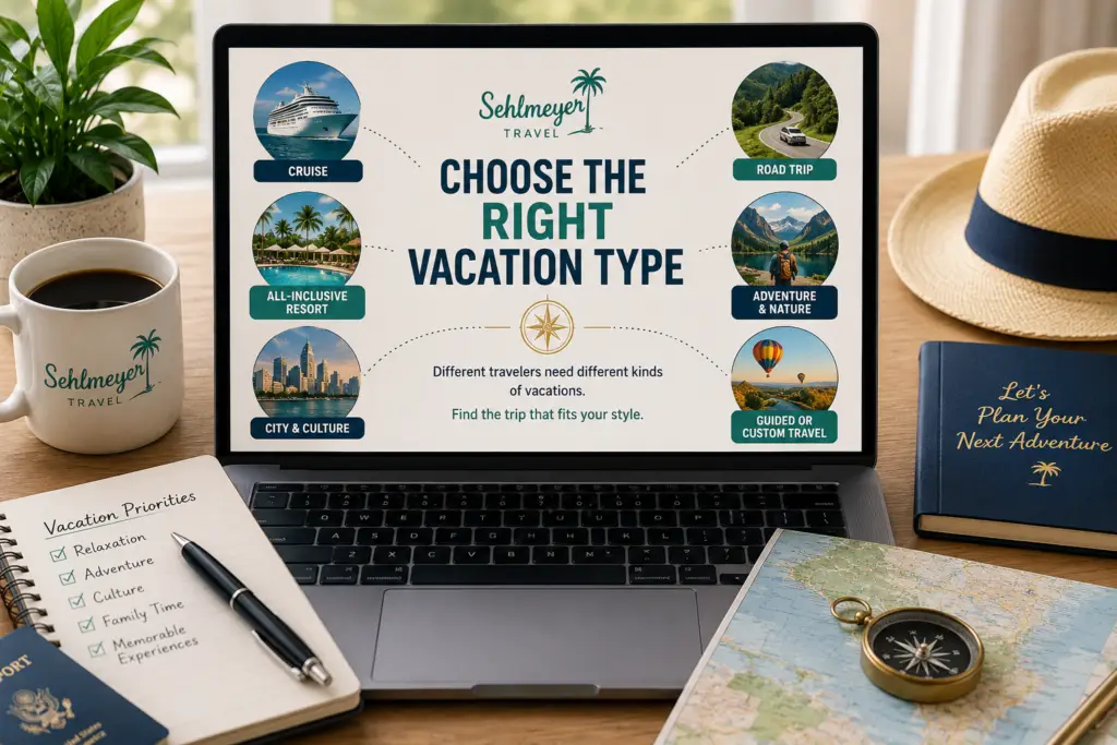Travel planning desk comparing cruises, all-inclusive resorts, city trips, road trips, adventure travel, and custom vacations.
