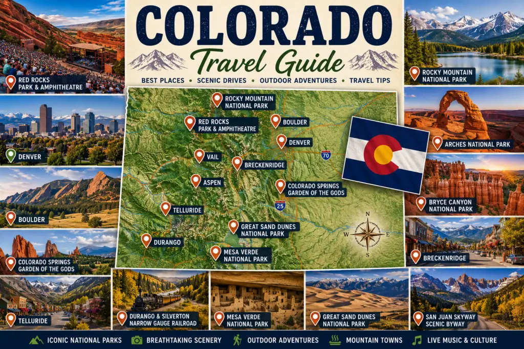 Premium Colorado travel guide collage with green topographical Colorado map destination pins Red Rocks Denver Boulder Rocky Mountain National Park Colorado Springs Aspen Vail Breckenridge Telluride Durango Mesa Verde Great Sand Dunes and state flag
