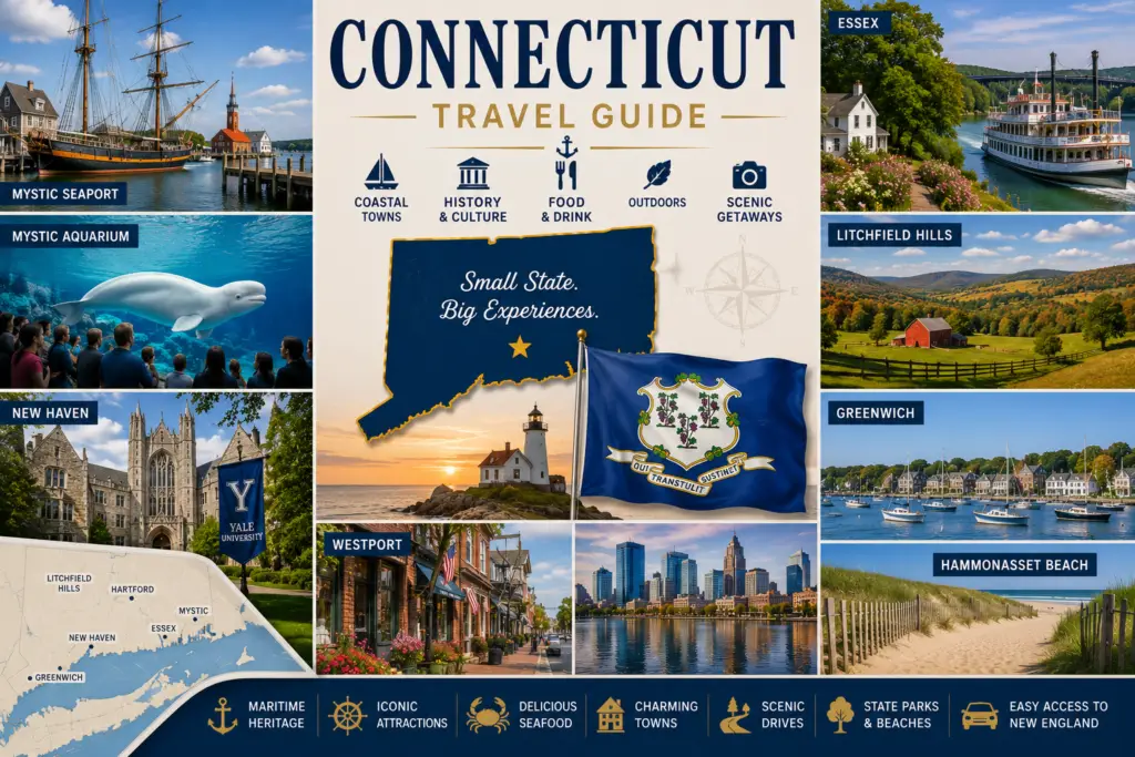 Premium Connecticut travel guide collage with Mystic Seaport New Haven Yale Essex Litchfield Hills Greenwich Westport Hammonasset Beach state map and Connecticut flag