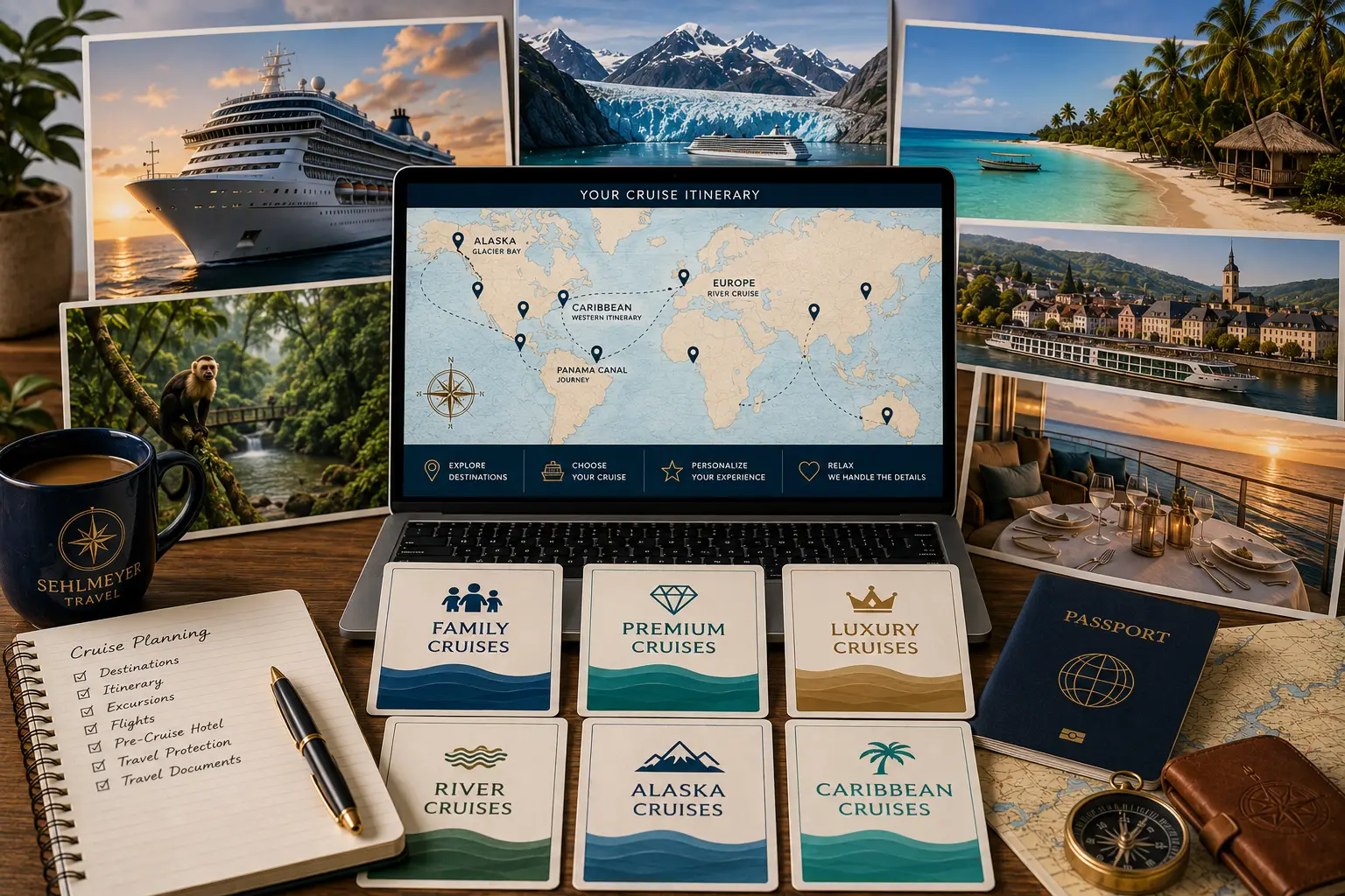 Premium cruise planning desk with itinerary map Alaska Caribbean Europe river cruise family premium luxury and coastal cruise planning cards for Sehlmeyer Travel