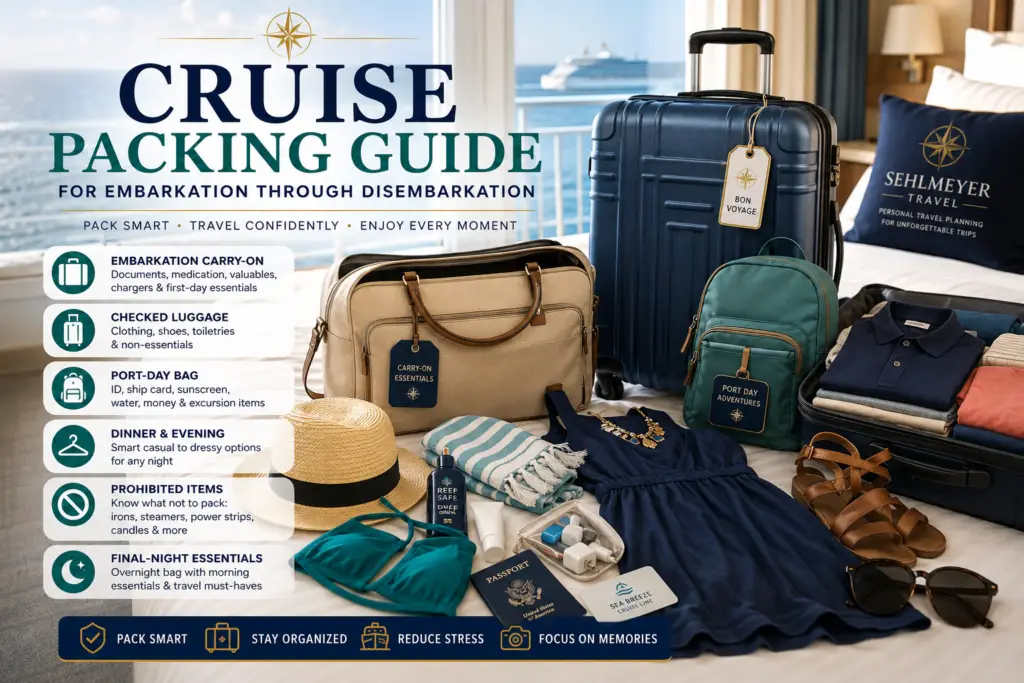 Organized cruise packing guide showing embarkation carry-on, checked luggage, port-day bag, dinner clothing, prohibited items, and final-night essentials