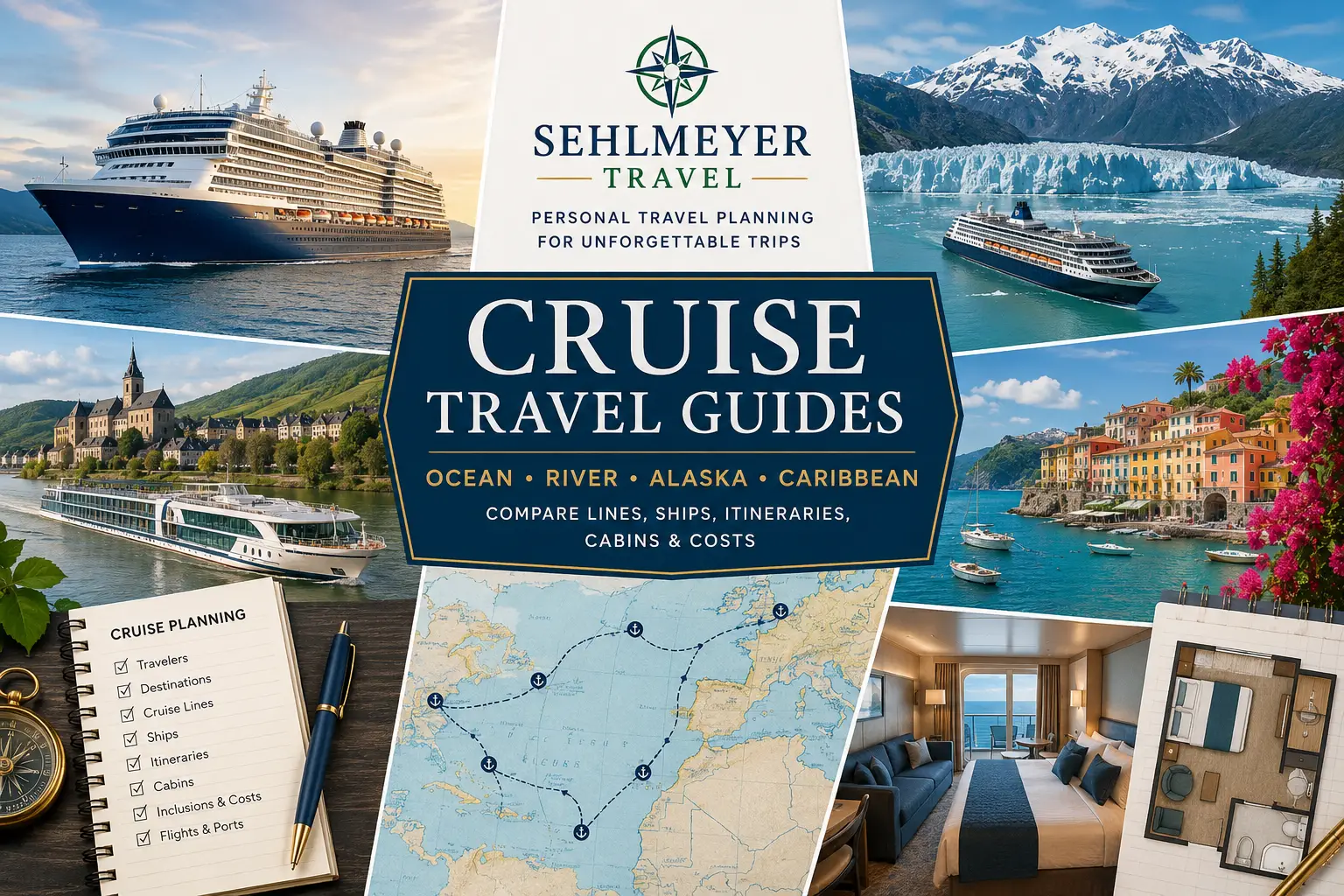 Premium cruise planning collage with ocean ship, river cruise, Alaska scenery, Caribbean ports, cabins and itinerary planning