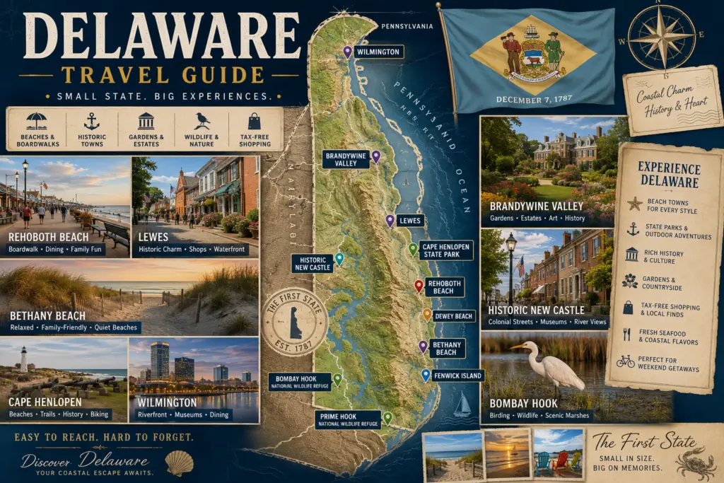 Premium Delaware travel guide collage with coastal postcard style, topographical Delaware map, state flag, Rehoboth Beach, Lewes, Bethany Beach, Cape Henlopen, Wilmington, Brandywine Valley gardens, Historic New Castle, wildlife refuges, and beach-town callouts