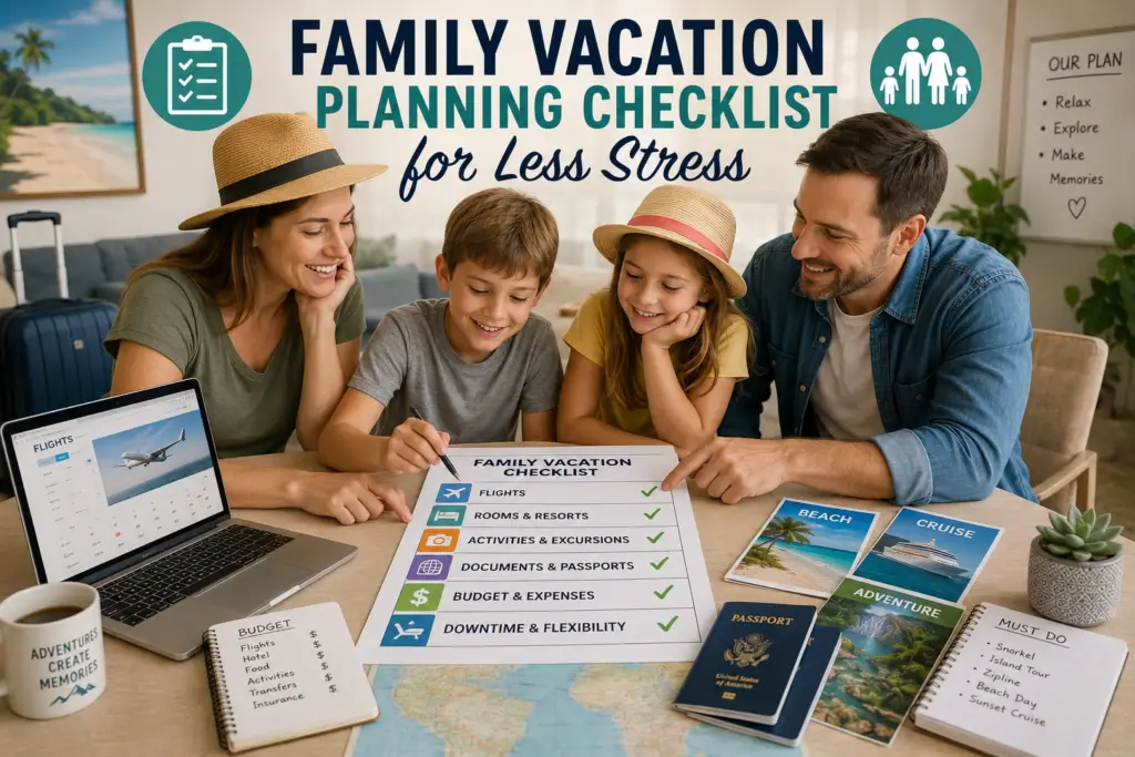 Parents planning a family vacation with children while comparing flights, rooms, activities, documents, budget, and downtime on a shared trip checklist