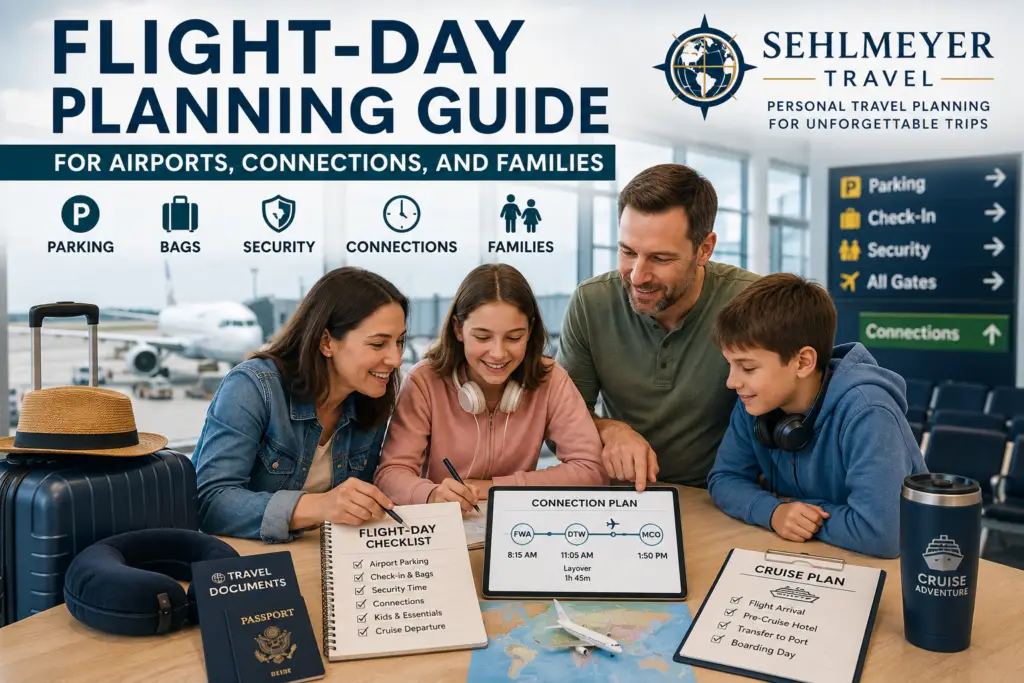 Family organizing a complete flight-day plan with airport parking, luggage, security, connection time, children’s carry-ons, and cruise departure timing