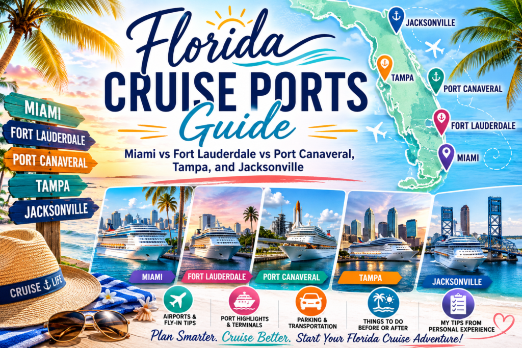 Premium Florida cruise ports collage with Miami Fort Lauderdale Port Canaveral Tampa Jacksonville cruise ships Florida map airport icons beaches and travel planning