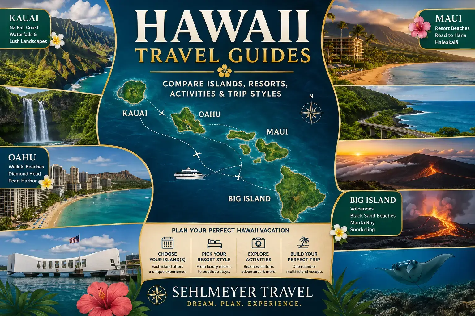 Hawaii travel planning collage with map of Oahu, Maui, Kauai and the Big Island, beaches, volcanoes, waterfalls, resorts and cultural experiences