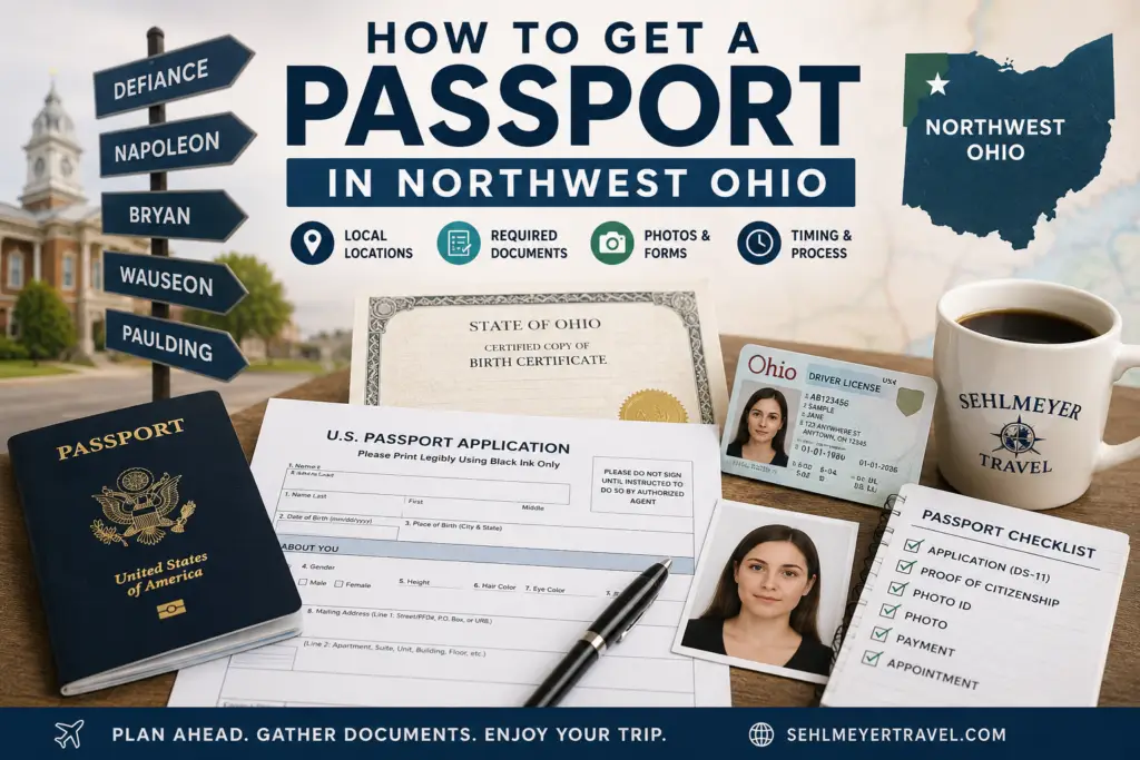 Northwest Ohio passport planning guide with a passport application, identification, certified documents, passport photo, and local Defiance-area locations