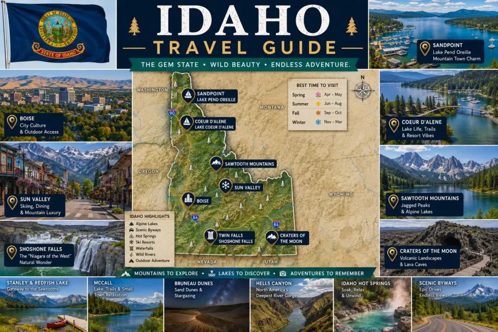 Premium Idaho travel guide collage with pinned state map Sandpoint Lake Pend Oreille Sawtooth Mountains Boise Coeur d’Alene Sun Valley Shoshone Falls and Idaho flag