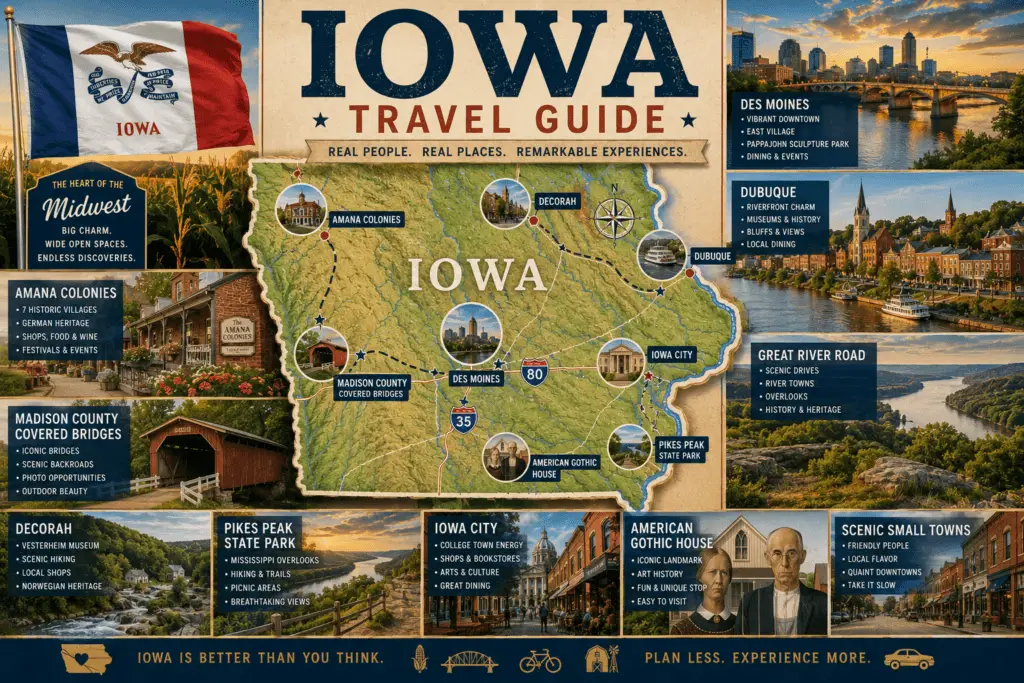 Premium Iowa travel guide collage with warm Midwest road atlas style, topographical Iowa map, state flag, Des Moines, Dubuque, Great River Road, Amana Colonies, Madison County covered bridges, Decorah, Pikes Peak State Park, Iowa City, American Gothic House, and scenic small-town callouts