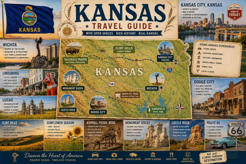 Premium Kansas travel guide collage with golden prairie field-guide style, topographical Kansas map, state flag, Flint Hills, Tallgrass Prairie, Wichita, Kansas City, Dodge City, Lindsborg, Lucas, Monument Rocks, Castle Rock, Kanopolis State Park, Route 66, sunflowers, bison, and scenic road trip callouts