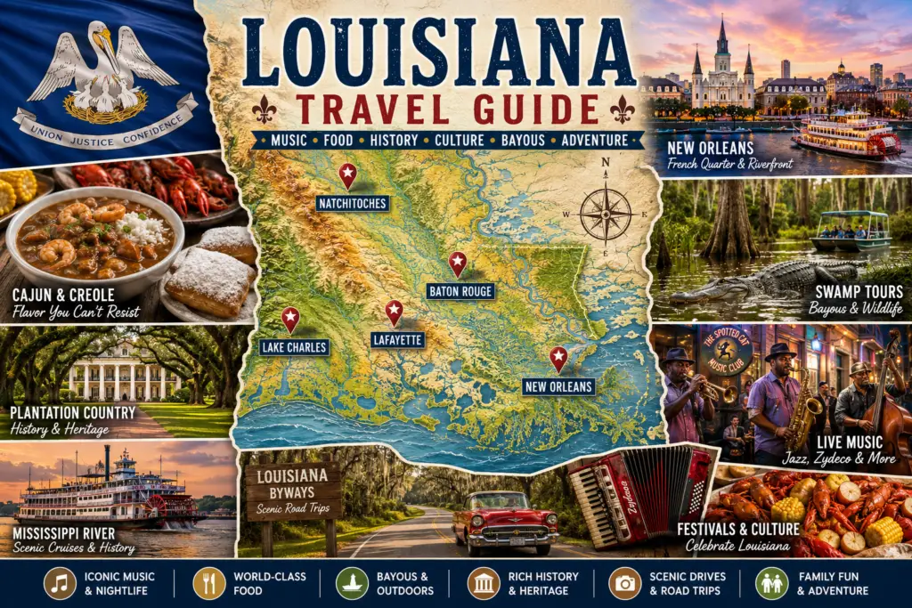 Premium Louisiana travel guide collage with topographical Louisiana map state flag pins for New Orleans Lafayette Baton Rouge Natchitoches Lake Charles bayous food music and river road scenes