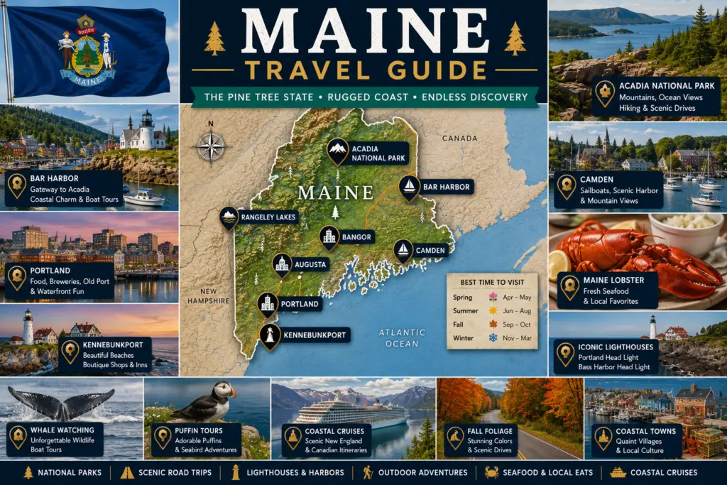 Premium Maine travel guide collage with pinned state map Acadia National Park Bar Harbor Portland Kennebunkport Camden lighthouses lobster coastal cruises and Maine flag