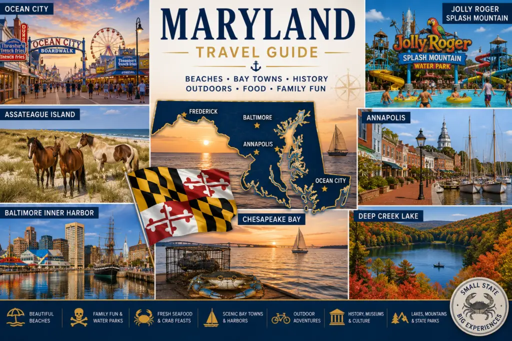 Premium Maryland travel guide collage with Ocean City boardwalk Jolly Roger water park Assateague wild ponies Annapolis Baltimore Chesapeake Bay Deep Creek Lake state map and Maryland flag