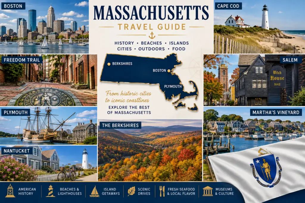 Premium Massachusetts travel guide collage with Boston skyline Freedom Trail Cape Cod Salem Plymouth Martha’s Vineyard Nantucket Berkshires state map and Massachusetts flag