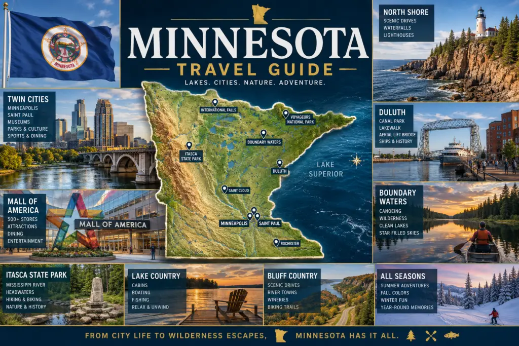 Premium Minnesota travel guide collage with topographical state map, Minnesota flag, North Shore, Duluth, Lake Superior, Twin Cities, Boundary Waters, Mall of America, Itasca State Park, and scenic lake country