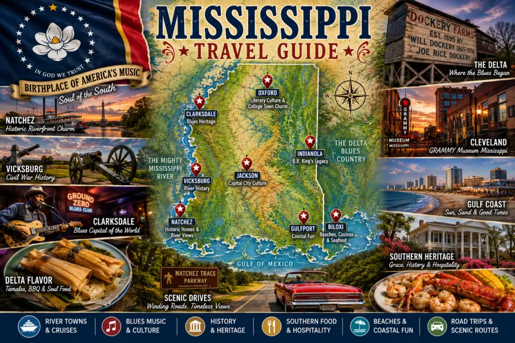 Premium Mississippi travel guide collage with topographical Mississippi map state flag pins for Natchez Vicksburg Jackson Oxford Clarksdale Indianola Biloxi Gulfport Mississippi River Delta blues Gulf Coast food and road trip scenes