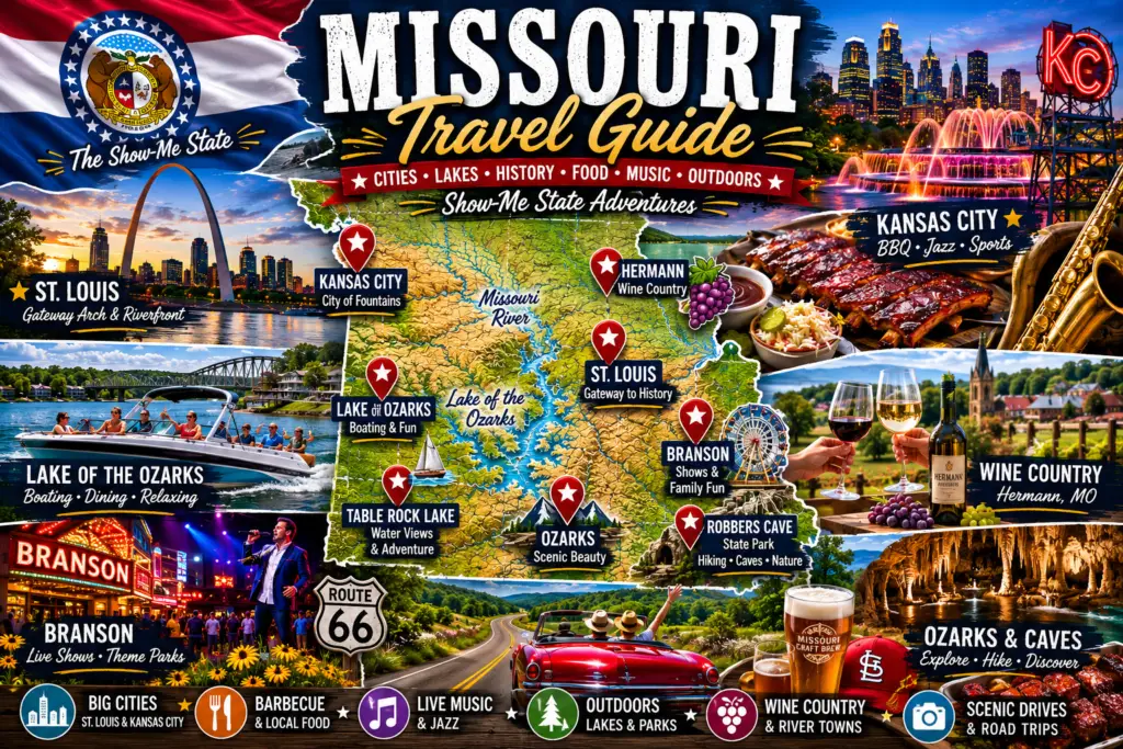 Premium Missouri travel guide collage with topographical Missouri map state flag pins for St. Louis Kansas City Branson Lake of the Ozarks Hermann Table Rock Lake Ozarks caves barbecue jazz sports wine country and road trip scenes