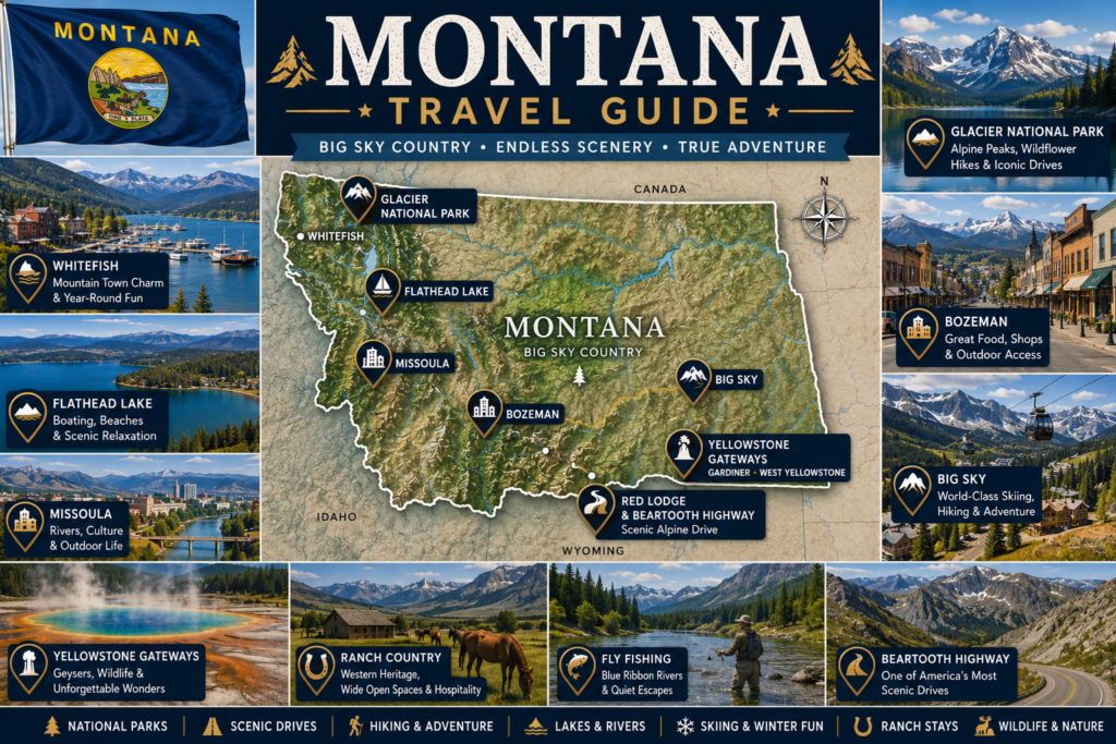 Premium Montana travel guide collage with pinned state map Glacier National Park Big Sky Whitefish Flathead Lake Bozeman Yellowstone gateways Beartooth Highway and Montana flag
