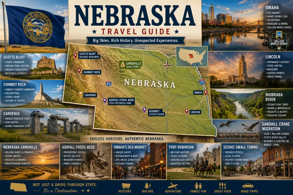 Premium Nebraska travel guide collage with open-sky Great Plains atlas style, topographical Nebraska map, state flag, Omaha, Lincoln, Sandhills, Scotts Bluff, Chimney Rock, Niobrara River, Sandhill Crane migration, Ashfall Fossil Beds, Carhenge, College World Series, and western Nebraska road trip callouts