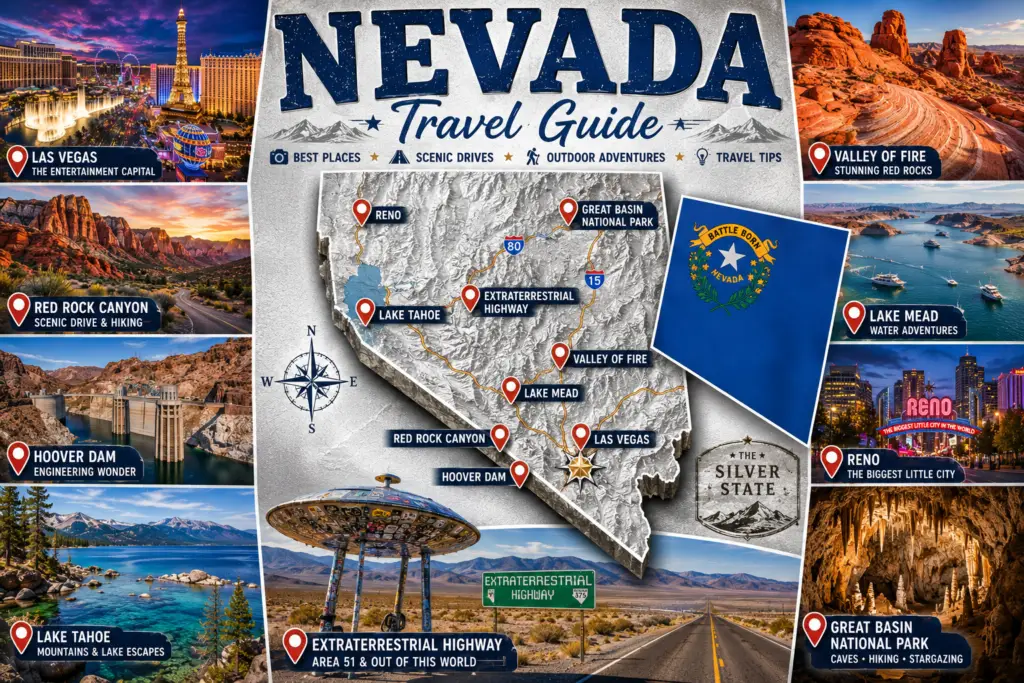 Premium Nevada travel guide collage with silver desert topographical Nevada map destination pins Las Vegas Red Rock Canyon Valley of Fire Hoover Dam Lake Mead Lake Tahoe Reno Great Basin National Park Extraterrestrial Highway and state flag