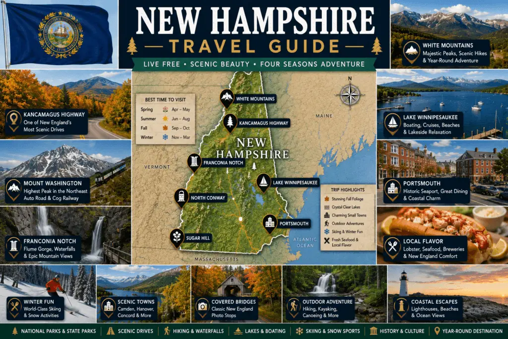 Premium New Hampshire travel guide collage with pinned state map White Mountains Kancamagus Highway Mount Washington Franconia Notch Lake Winnipesaukee Portsmouth fall foliage and New Hampshire flag