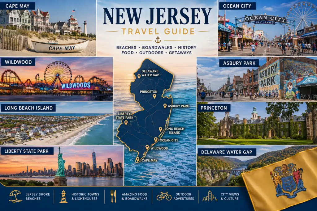 Premium New Jersey travel guide collage with Jersey Shore beaches Cape May Ocean City Wildwood Asbury Park Long Beach Island Princeton Liberty State Park state map and New Jersey flag