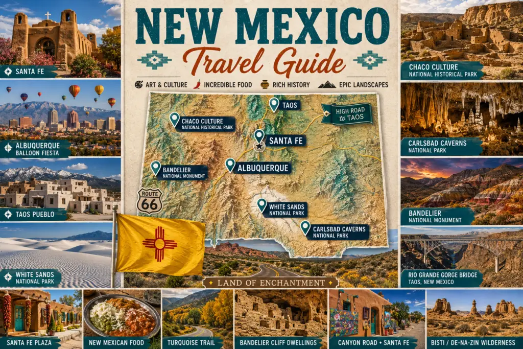 Premium New Mexico travel guide collage with turquoise and adobe desert topographical New Mexico map destination pins Santa Fe Albuquerque Taos White Sands Carlsbad Caverns Chaco Culture Bandelier Route 66 High Road to Taos and state flag