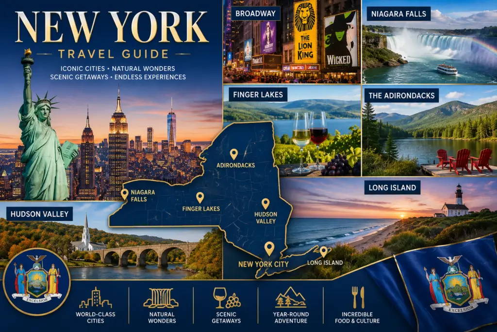 Premium New York travel guide collage with NYC skyline Statue of Liberty Broadway Niagara Falls Finger Lakes Adirondacks Long Island state map and New York flag