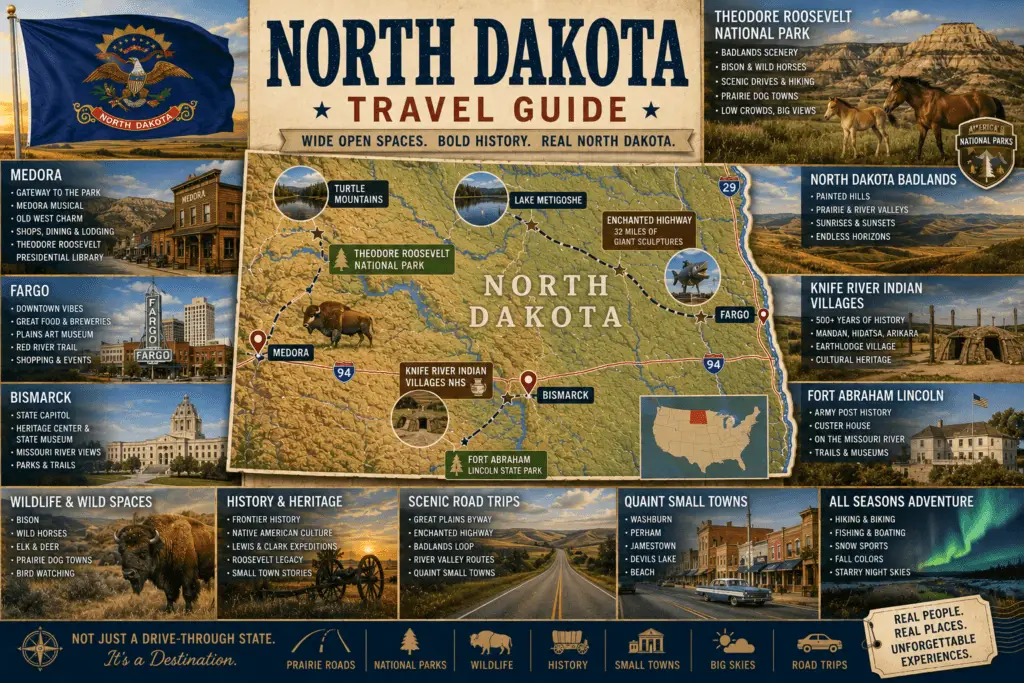 Premium North Dakota travel guide collage with quiet badlands field-journal style, topographical North Dakota map, state flag, Theodore Roosevelt National Park, Medora, North Dakota Badlands, Fargo, Bismarck, Knife River Indian Villages, Fort Abraham Lincoln, Enchanted Highway, Turtle Mountains, Lake Metigoshe, bison, wild horses, prairie roads, and scenic road trip callouts