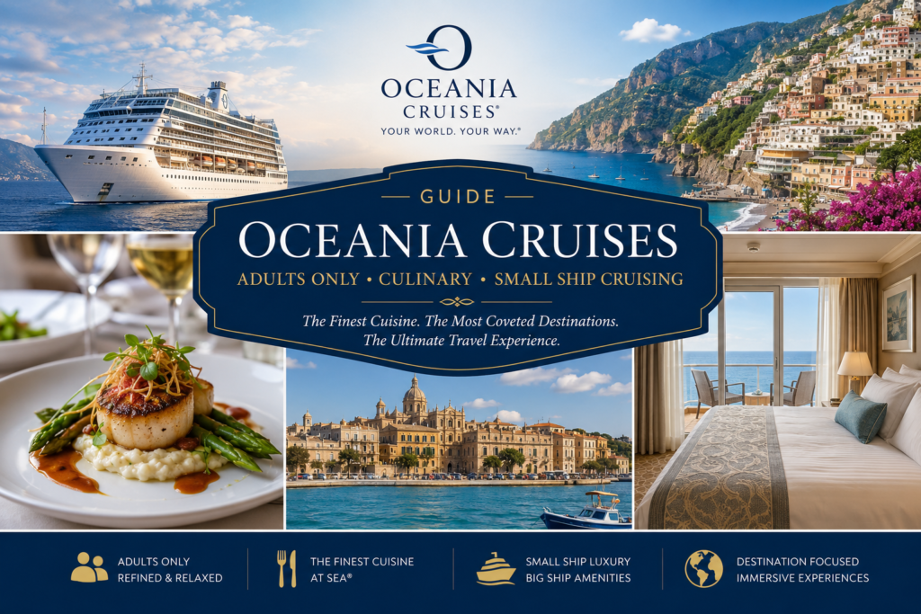 Premium Oceania Cruises guide collage with adults only small ship luxury cruising fine dining Mediterranean ports veranda cabins and destination focused travel
